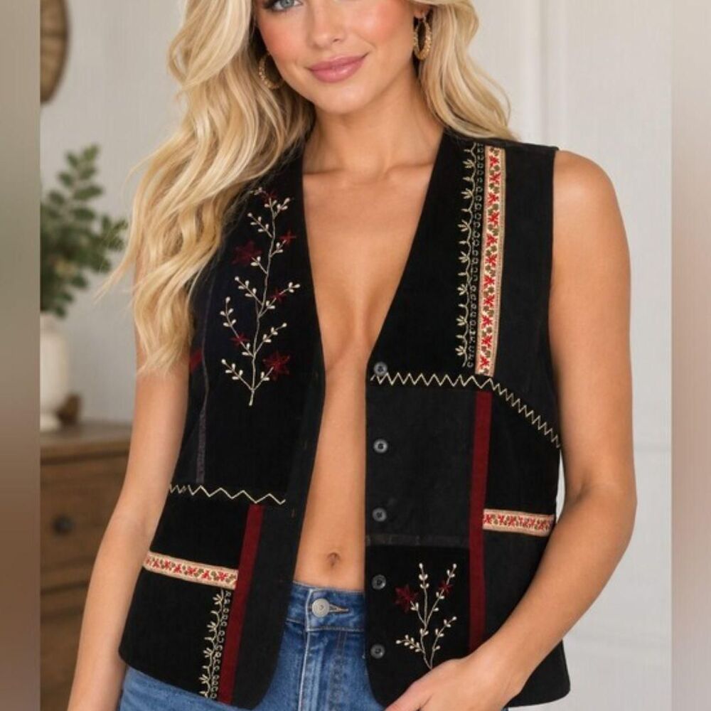 White-stag Women's Farmhouse Cottage Core Velvet Embroidery Floral Vest